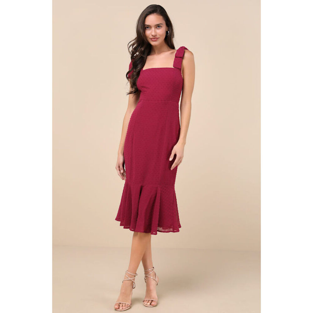 Lulus Bimini Dark Wine Red Swiss Dot Tie-strap Midi Dress Purple - Size M